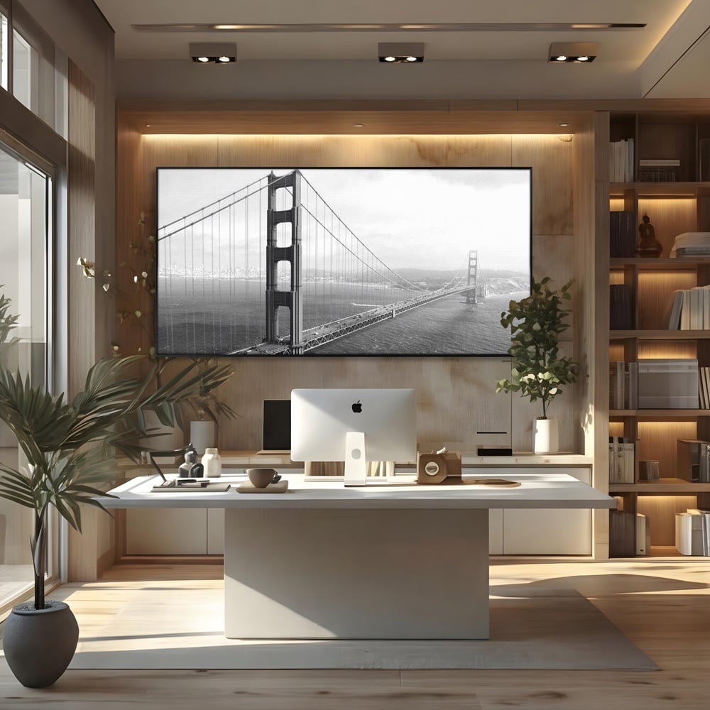 Tablou canvas cu fotografie alb-negru cu podul golden gate, in rama de aluminiu negru, pe perete intr-un birou